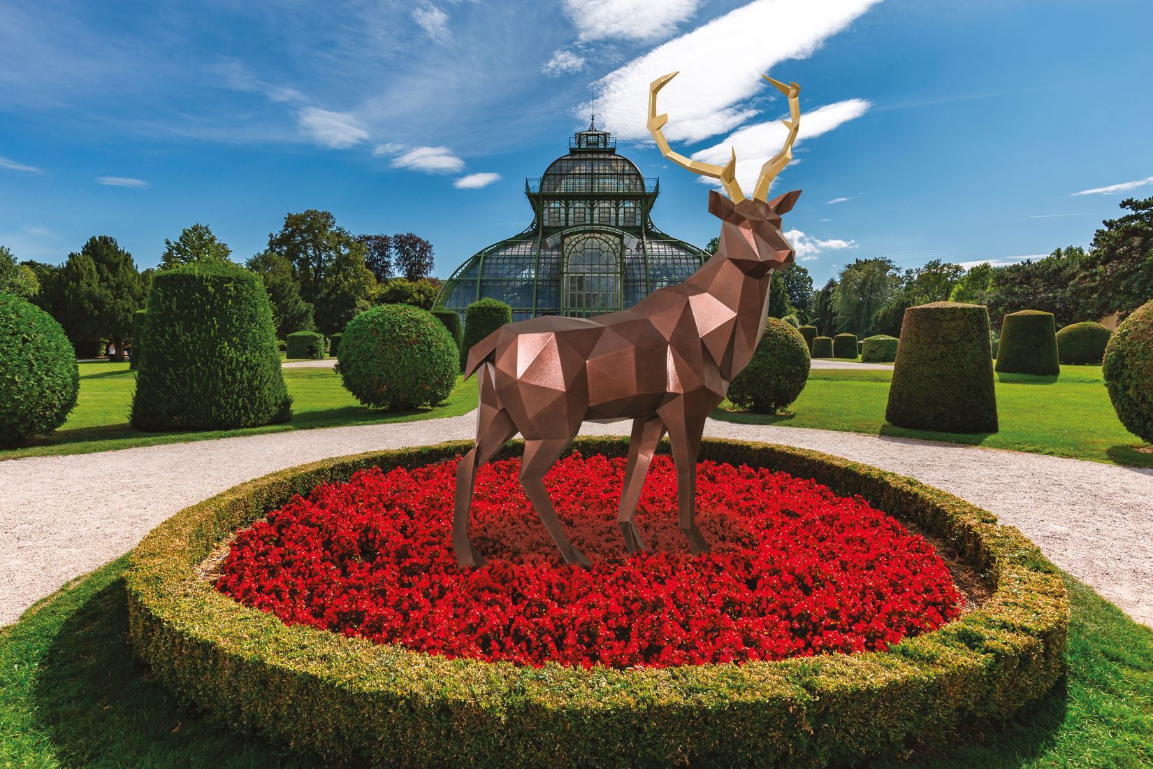 Cerf dans un jardin au milieu d'un massif de fleurs rouges