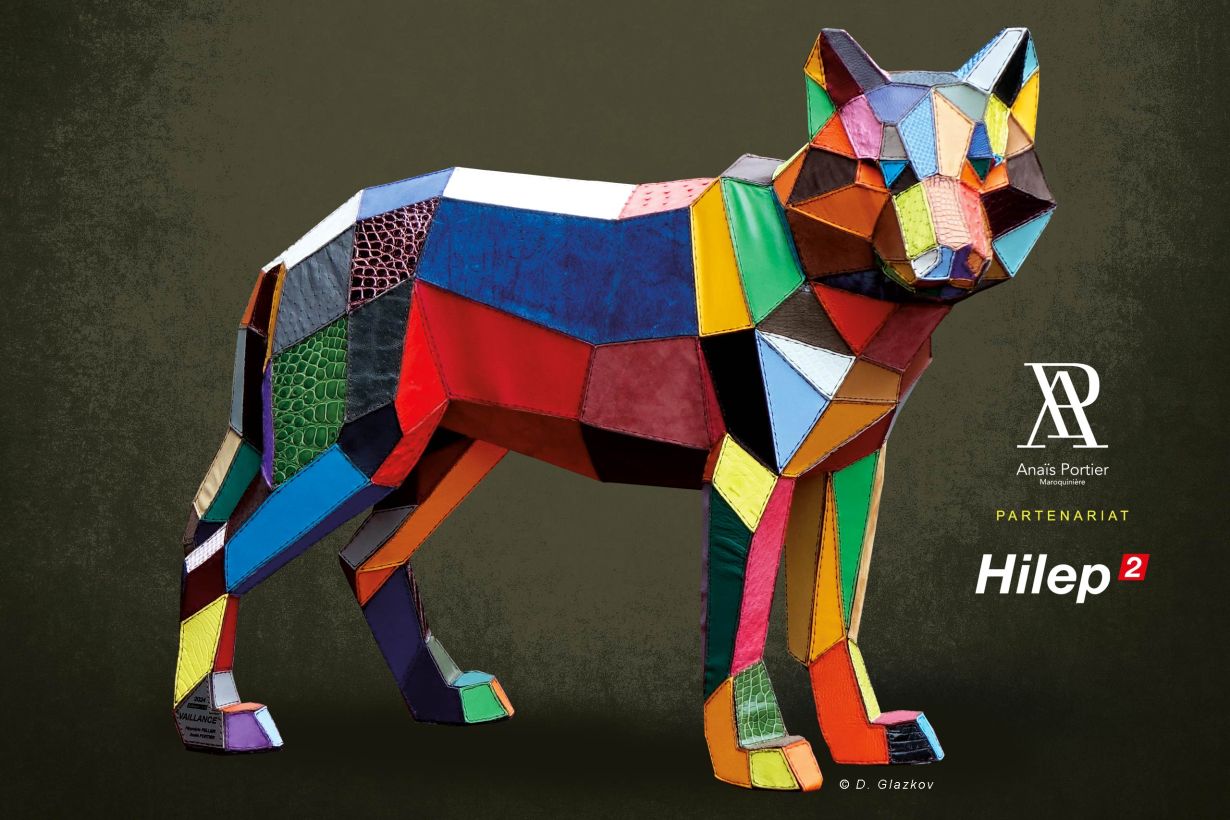 3-dimensional metal wolf covered with pieces of leather in different colors by HIlep² and Anaïs Portier Leather Goods